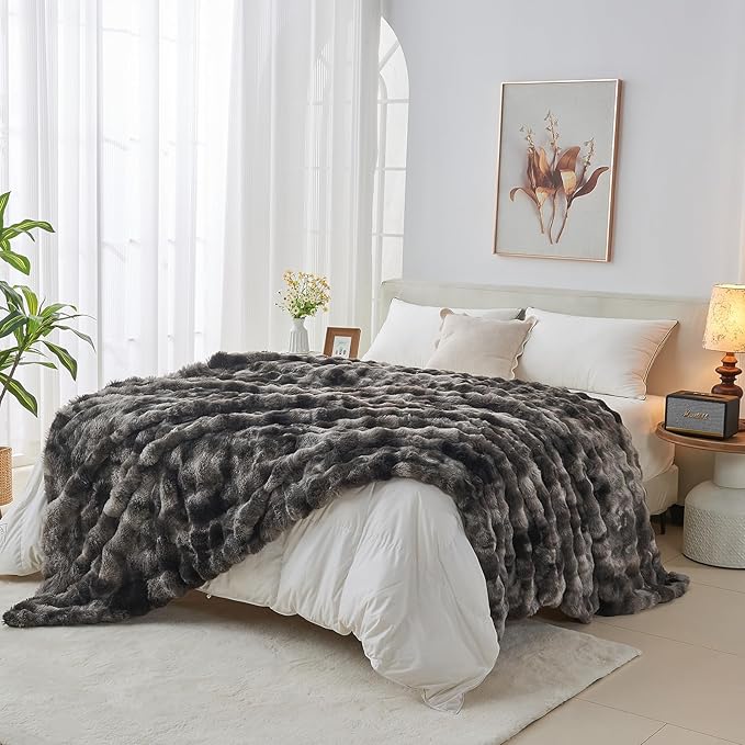 Lotus Karen Faux Fur Blanket Tie-Dye Dark Gray Twin Size - Big Bubble Rabbit Fluff Throw for Couch Small Fluffy Fuzzy Cozy Thick Furry Plush Shaggy Blankets 60x80 Inches