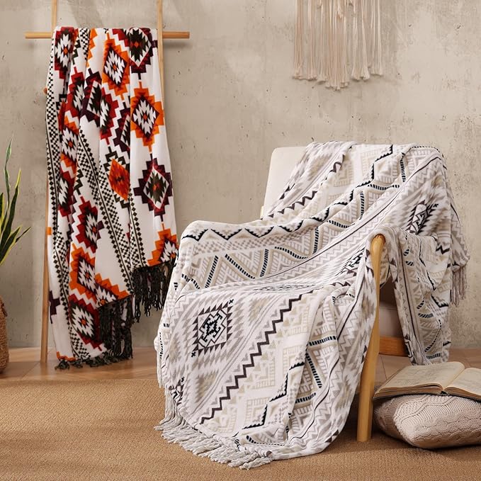 CASAAGUSTO Boho Throw Blanket - Orange and Green Decorative Blankets with Tassel, Printed Flannel Bohemian Blanket for Chair, Bed, Sofa, Couch(60 * 80, Orange and Green)
