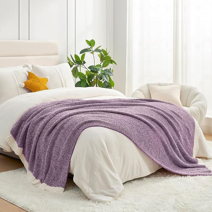 Snuggle Sac Purple Reversible Super Soft Blanket Twin Size for Bed and Sofa, Warm Cozy Knit Blankets Fuzzy Plush, Heather Purple, 60x80 inches