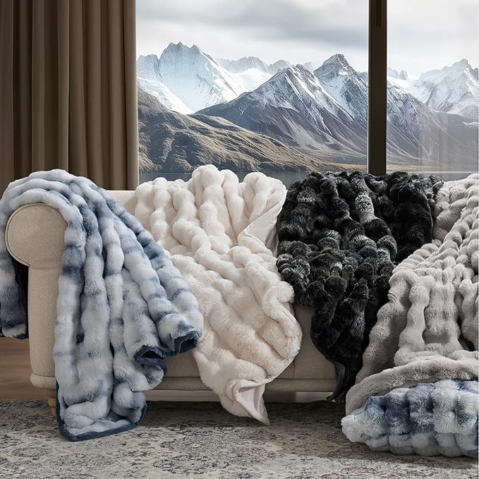 EVERGRACE Ultra Soft Luxury Fluffy Ridgeline Faux Rabbit Fur Throw Blanket, Thick Warm Bubble Throw for Bed, Cozy Plush Reversible Blankets for Couch, Chair, Sofa, Taupe, 60x80 Inches, 870 GSM