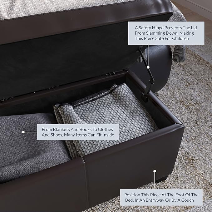 BELLEZE 47 Inch Storage Ottoman, Faux Leather Storage Bench Bedroom Bench with Safety Close Hinge, Ottoman with Storage for Living Room, Entryway, Hallway, Foot Rest, Support 300lbs - Brown