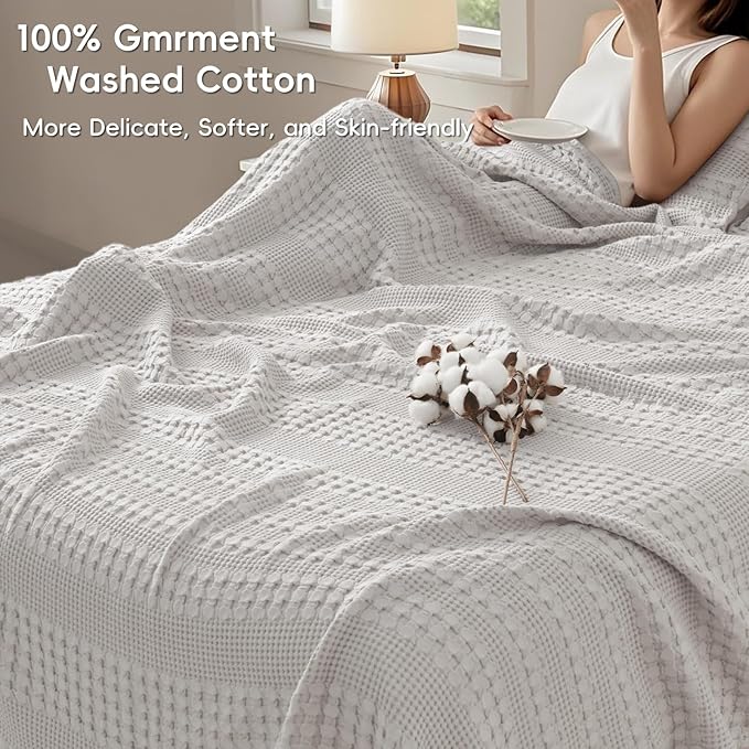 PHF 100% Cotton Waffle Weave Blanket Queen Size, Soft Lightweight Breathable Cozy Summer Blankets for Bed, Luxury Aesthetic Woven Bedding for Home Decor, 90"x90", Light Grey