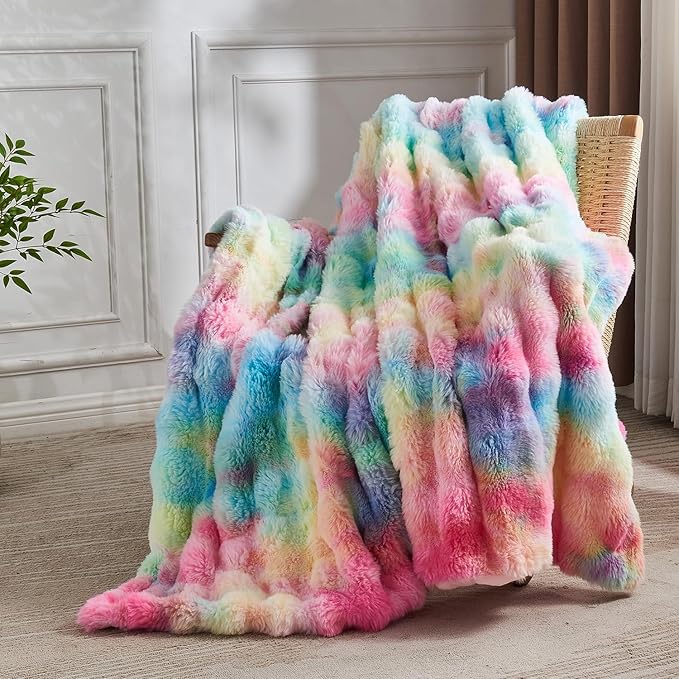 Lotus Karen Faux Fur Blanket Rainbow Twin Size - Big Bubble Rabbit Fluff Blanket for Couch, Small Fluffy Fuzzy Cozy Blanket, Thick Furry Plush Shaggy Blankets, 60x80 Inches