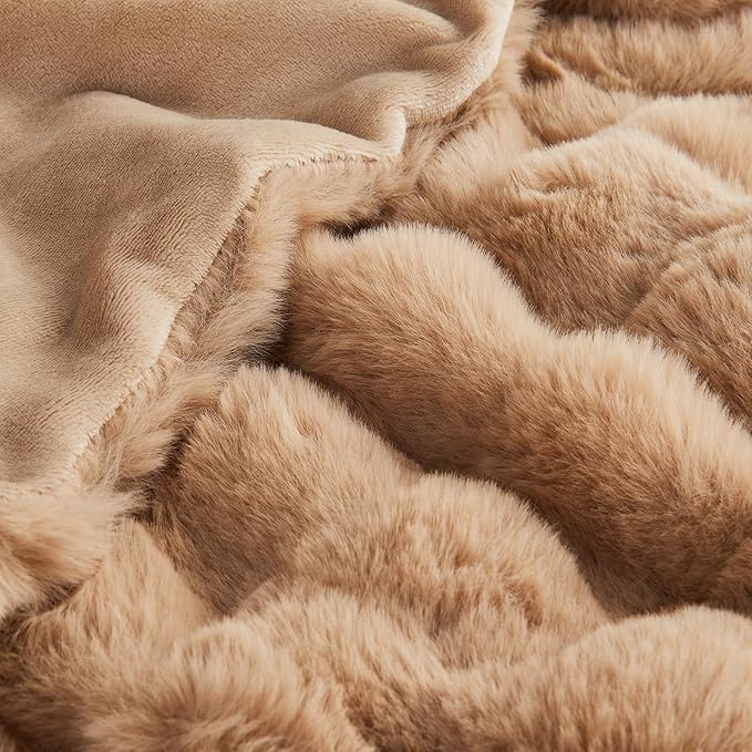 Lotus Karen King Size Faux Fur Blanket Khaki - Big Bubble Rabbit Fluff Blanket for Bed, Large Fluffy Fuzzy Cozy Blanket, Thick Furry Plush Shaggy Blankets, 108x90 Inches