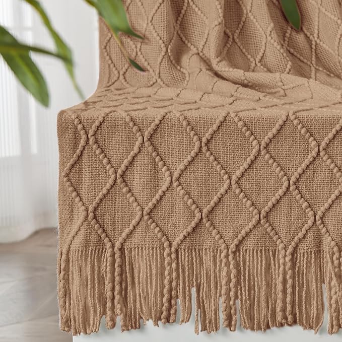 inhand Knitted Throw Blankets for Couch and Bed, Soft Cozy Knit Blanket with Tassel, Khaki Lightweight Decorative Blankets and Throws, Farmhouse Warm Woven Blanket for Men and Women, 60"x80"