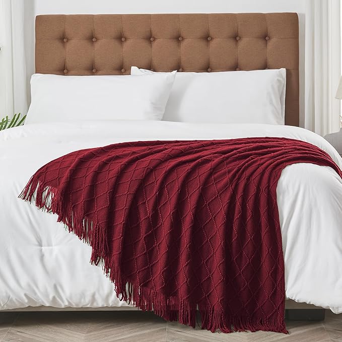 inhand Knitted Throw Blankets for Couch and Bed, Soft Cozy Knit Blanket with Tassel, Claret Lightweight Decorative Blankets and Throws, Farmhouse Warm Woven Blanket for Men and Women, 50"x60"