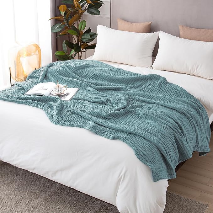 EMME Cotton Blanket Queen Size for Bed Soft Large Muslin Bed Blankets 90"x90" Lightweight Breathable Layering Bedspread All Season Gauze, Teal