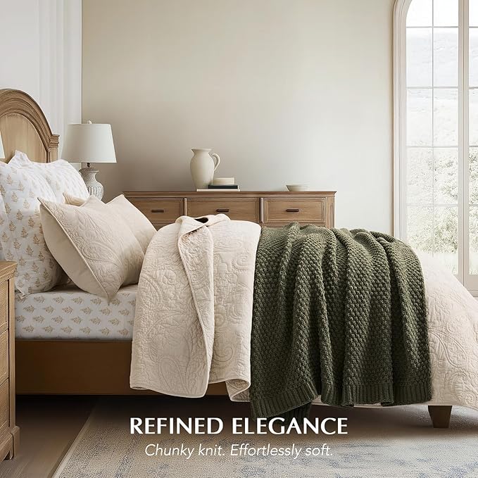 Chunky Chenille Knit Throw Blanket for Couch, Soft Luxurious Moss Stitch Blankets for Bed, Cozy Decorative Farmhouse Knitted Throws for Sofa, Olive Green, 50" x 60"