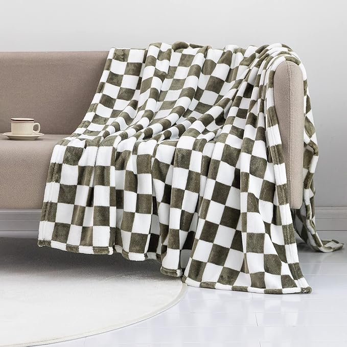 LOMAO Throw Blankets Flannel Blanket with Checkerboard Grid Pattern Soft Throw Blanket for Couch, Bed, Sofa Luxurious Warm and Cozy for All Seasons (Dark Olive, 40"x50")