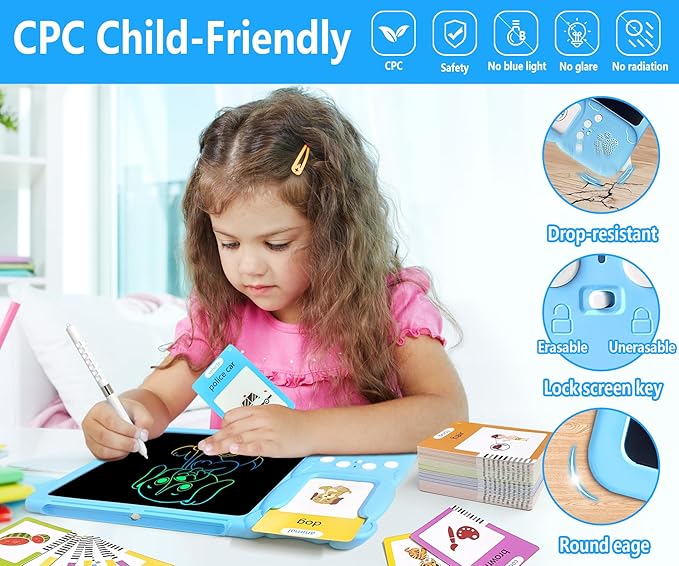 Rylai Toddler Toys Talking Flash Cards, Kindergarten Learning Resources 510 Sight Words with Drawing Tablet for Speaking Doodling, Sensory Toys for Kids with Autism, Boys Girls 2 3 4 5 6, Blue
