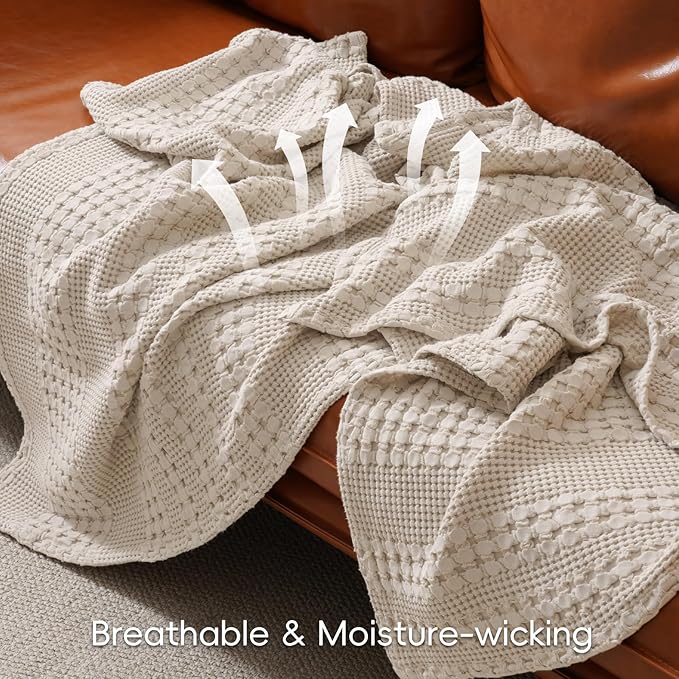 PHF 100% Cotton Waffle Weave Blanket Twin Size, Soft Lightweight Breathable Cozy Summer Blankets for Bed, Luxury Aesthetic Woven Bedding for Home Decor, 66"x90", Oatmeal