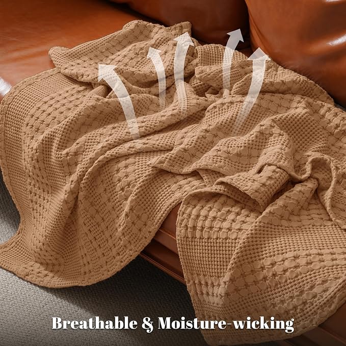 PHF 100% Cotton Waffle Weave Blanket Queen Size, Soft Lightweight Breathable Cozy Summer Blankets for Bed, Luxury Aesthetic Woven Bedding for Home Decor, 90"x90", Camel