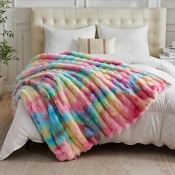 Lotus Karen King Size Faux Fur Blanket Rainbow - Big Bubble Rabbit Fluff Blanket for Bed, Large Fluffy Fuzzy Cozy Blanket, Thick Furry Plush Shaggy Blankets, 108x90 Inches