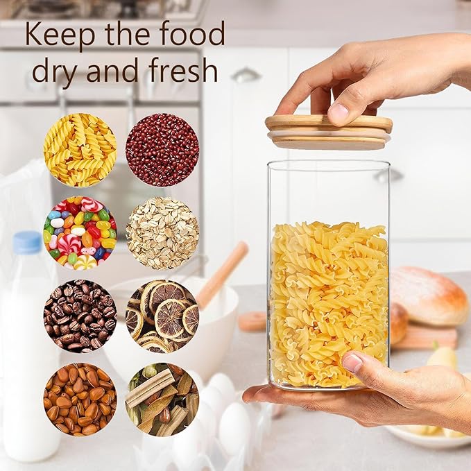 Square Glass Jars Canister with Wood Lid 50 FL OZ [Set of 3], Container Jar with Sealing, Lids for Oat Pasta Flour Cereal Rice Sugar Tea Coffee Beans, Best for Kitchen & Pantry