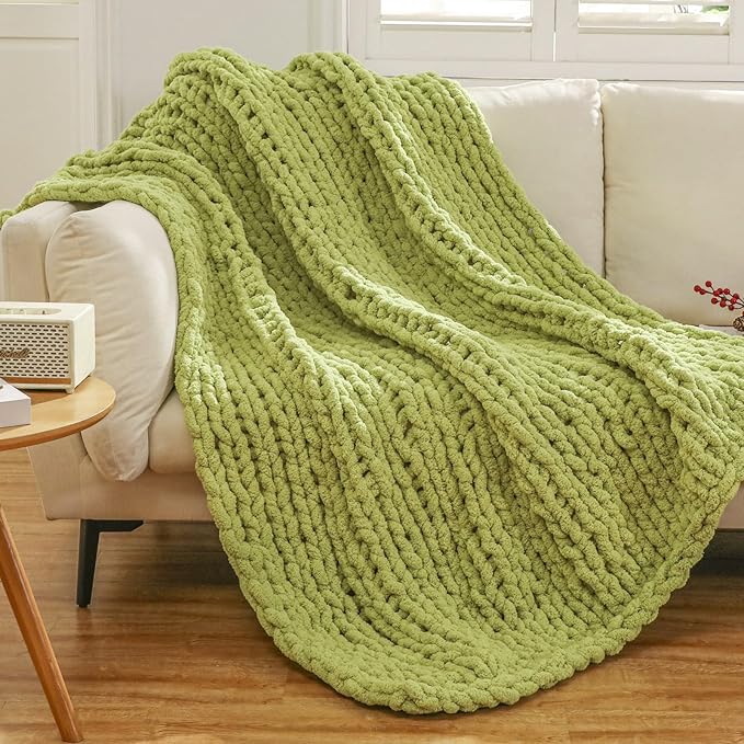 WESHIONGOO Chunky Knit Blanket Throw 50"×60" Knitted Throw Blankets for Couch Bed Fluffy Soft Blanket with Jumbo Chenille Yarn Thick 100% Handmade (Lime Green)