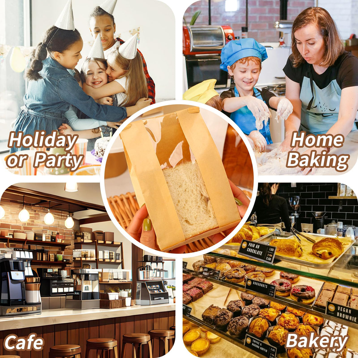 50 Pcs Kraft Paper Bread Bags with Window 13.7x8.3x3.7in + Seal Stickers