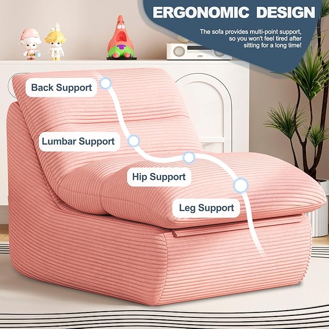 Misolant Bean Bag Chairs，Big Corduroy Fabric Sofa Bean Bag Chair for Adults and Teens with High-Resilience Sponge, Non-Slip Base Floor Lounge Sofa for Home, Living Room, Bedroom, Gaming Pink