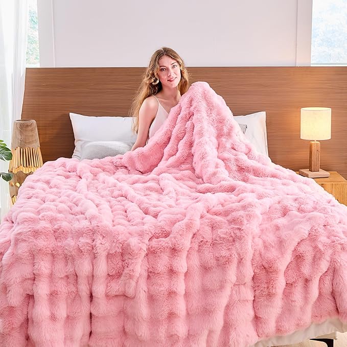 Lotus Karen Faux Fur Throw Blanket Pink - Big Bubble Rabbit Fluff Blanket for Couch, Small Fluffy Fuzzy Cozy Blanket,Thick Furry Plush Shaggy Blankets,50x60 Inches