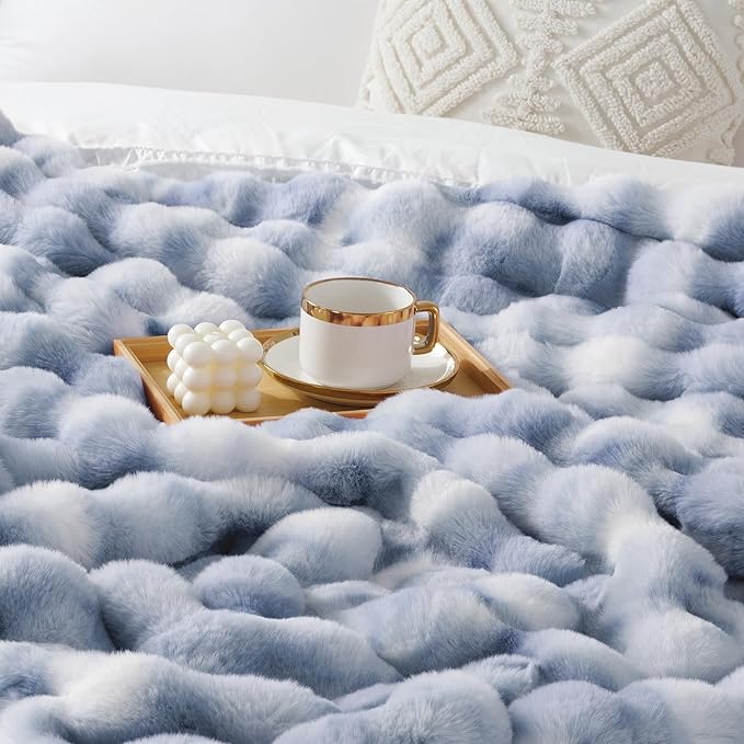 Touchat Luxury 1000GSM Faux Rabbit Fur Throw Blanket, Super Heavy Warm Cozy Grey Blankets for Couch Bed Sofa, Ruched Plush Fuzzy Elegant Soft Reversible Mink Blanket for Living Room Bedroom, Blue
