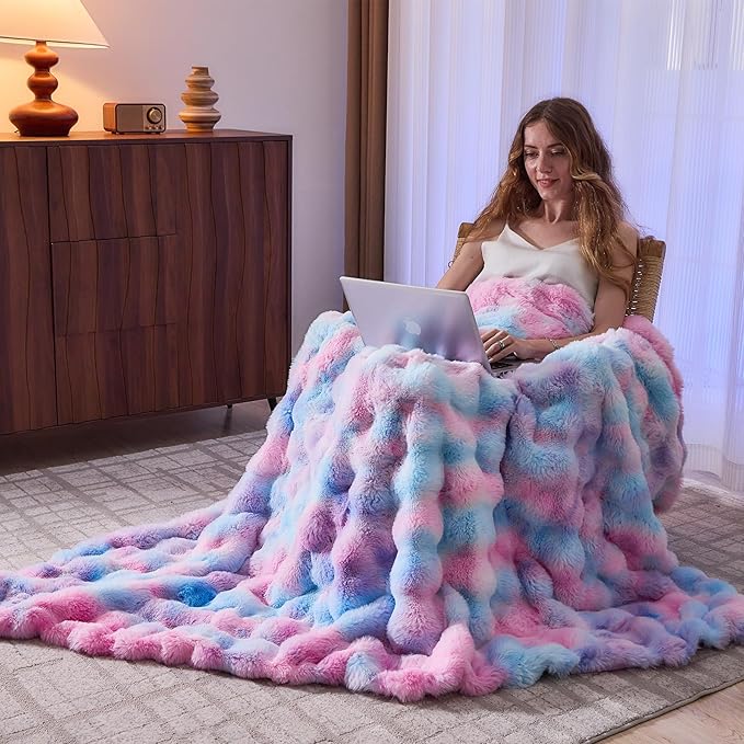 Lotus Karen Faux Fur Throw Blanket Tie-Dye Purple Rainbow - Big Bubble Rabbit Fluff Blanket for Couch, Large Fluffy Fuzzy Cozy Blanket,Thick Furry Plush Shaggy Blankets,108x90 Inches
