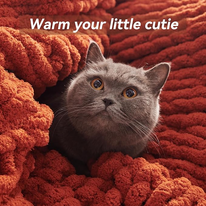 Chunky Knit Throw Blanket, 60''*80'' Fall Throw Blanket Knitted Chenille Yarn for Bed Couch, Handmade Orange Crochet Big Thick Blanket, Machine Washable Cute Comfy Blankets for Home Decor