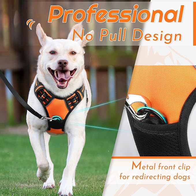 Eagloo Dog Harness for Large Dogs, No Pull Service Vest with Reflective Strips and Control Handle, Adjustable and Comfortable for Walking, No Choke Pet Harness with 2 Metal Rings, Orange, L