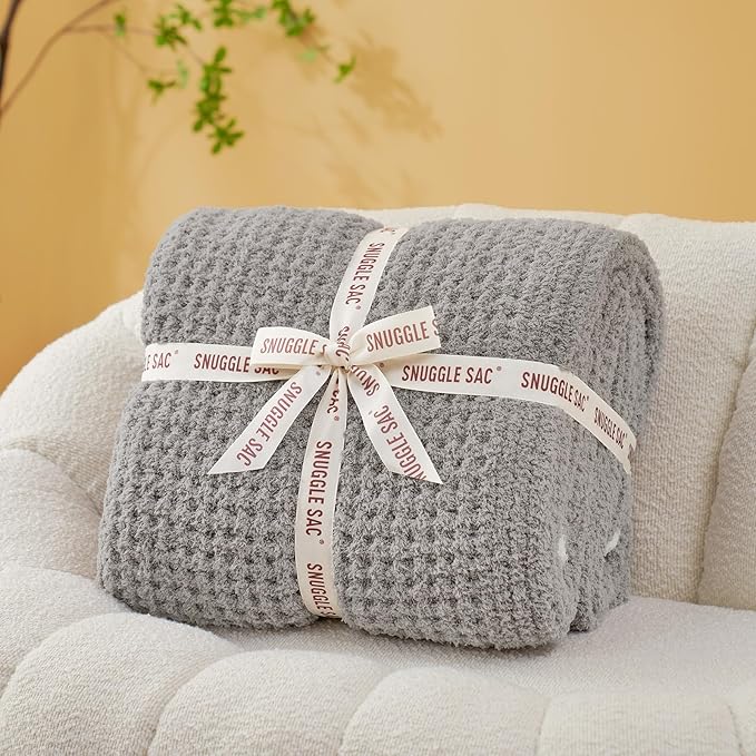 Snuggle Sac Soft Waffle Blanket, Grey Bedding Blankets Queen Size 90x90 inches, Reversible Microfiber Fluffy Fuzzy Grey Blanket Cozy Knit Blanket for Women Mothers Birthday Gifts
