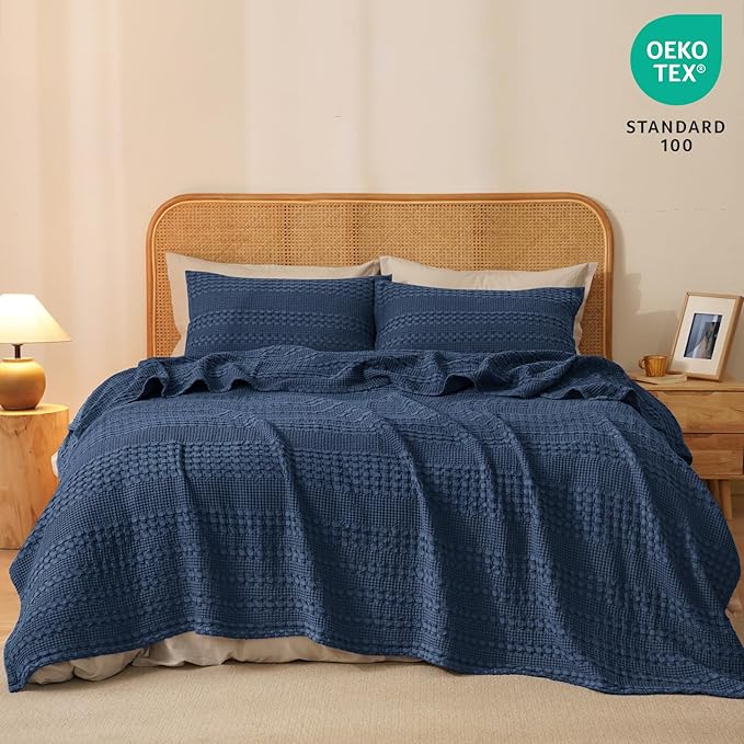 PHF 100% Cotton Waffle Weave Blanket Queen Size, Soft Lightweight Breathable Cozy Summer Blankets for Bed, Luxury Aesthetic Woven Bedding for Home Decor, 90"x90", Bright Navy Blue