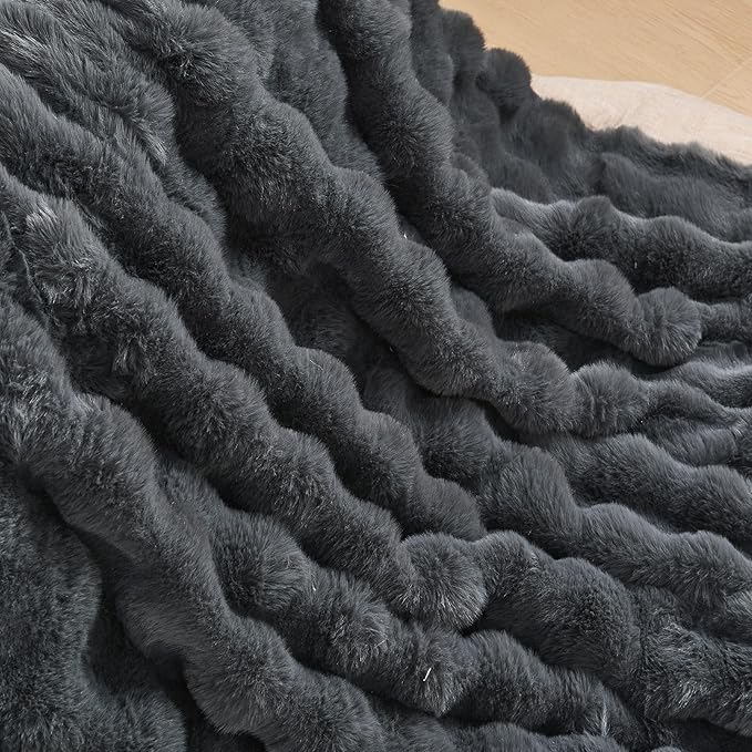 Lotus Karen Faux Fur Blanket Dark Gray Twin Size - Big Bubble Rabbit Fluff Throws for Couch Small Fluffy Fuzzy Cozy Thick Furry Plush Shaggy Blankets 60x80 Inches