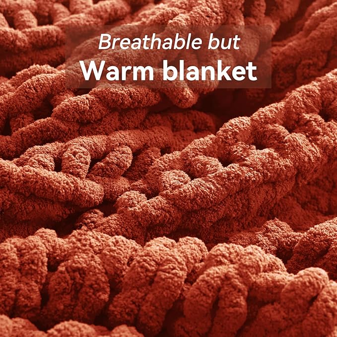 Chunky Knit Throw Blanket, 60''*80'' Fall Throw Blanket Knitted Chenille Yarn for Bed Couch, Handmade Orange Crochet Big Thick Blanket, Machine Washable Cute Comfy Blankets for Home Decor