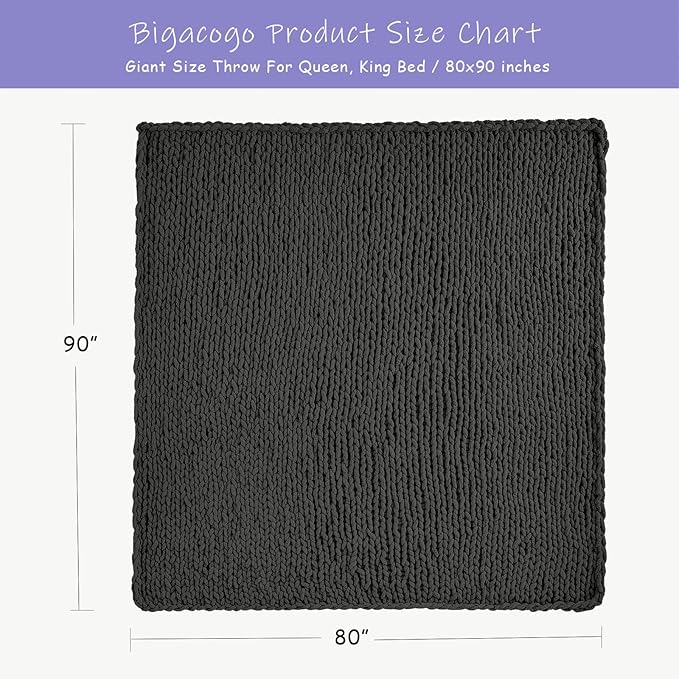 Bigacogo Chunky Knit Throw Blanket for Couch, 80x90 inches, 100% Hand Knitted with Thick Jumbo Chenille Yarn, Cozy Soft Large Rope Knot Cable Crochet Blankets for Sofa Bed Living Room, Dark Grey