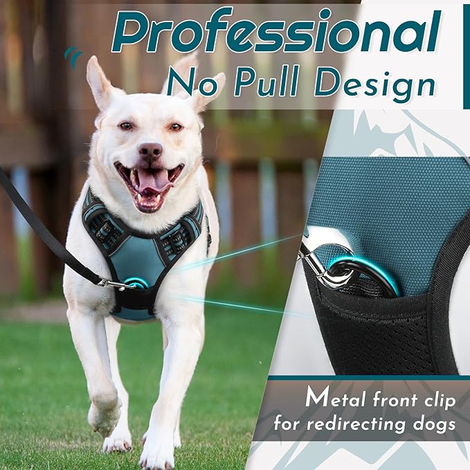 Eagloo Dog Harness Medium Sized Dog, No Pull Service Vest with Reflective Strips and Control Handle, Adjustable and Comfortable for Easy Walking, No Choke Pet Harness with 2 Metal Rings, Dark Green, M