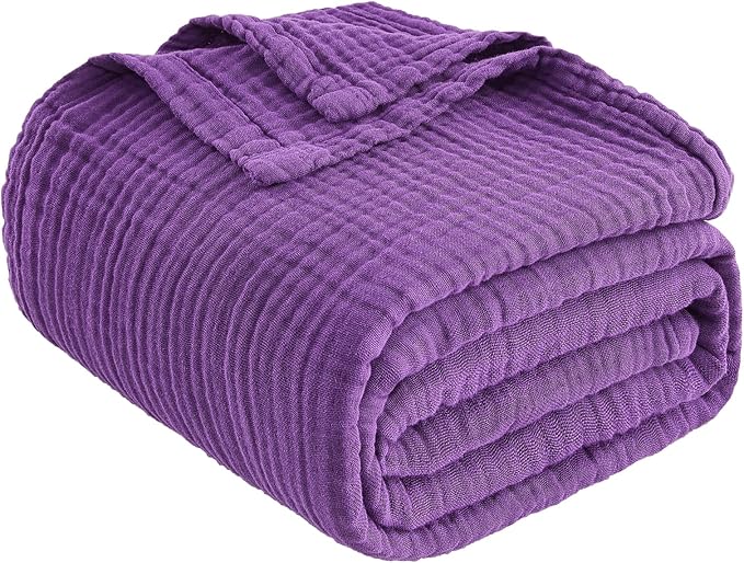 EMME Cotton Muslin Queen Blanket Bed Layering Breathable Gauze Blanket Soft Lightweight Blankets Adults (Purple, 90"x90")