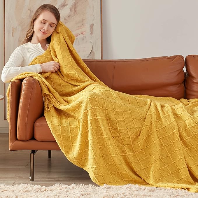 inhand Knitted Fall Throw Blanket for Couch and Bed, Knit Fall Decor Halloween Blanket with Tassel, Mustard Yellow Lightweight Decorative Farmhouse Warm Woven Blankets and Throws for Women, 50"x60"