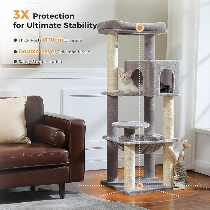 Large Cat Tree with Reinforced Scratching Posts (φ3.1in) for Big Adult Cats 30 lbs, 57.8" Heavy Duty Cat Tower with Larger Hammock and Condo, Cat Furniture for Maine Coon, Plush,Grey