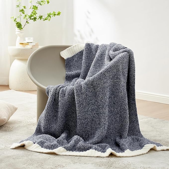 Snuggle Sac Heather Navy Twin Size Blankets, Super Soft Microfiber, Warm Cozy Knit Fuzzy Plush Blankets for Sofa, Bed, Living Room, Navy, 60x80 inches