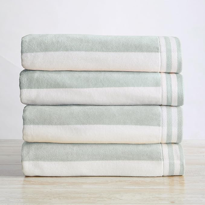Great Bay Home 100% Cotton Velour 4 Pack Beach Towels 30" x 60" - Light Blue Cabana Stripe Pool Towels - Quick Dry, Large Swim Towels