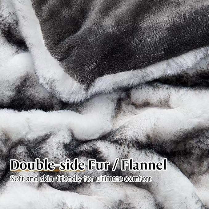 Luxury Faux Fur Blanket - Soft Warm Plush Blankets for Couch Sofa Bed, Fluffy Thick Throws for Bedroom, Office, Living Room, Decorative Reversible, Not Easy to shed- 50"x60", Black/White