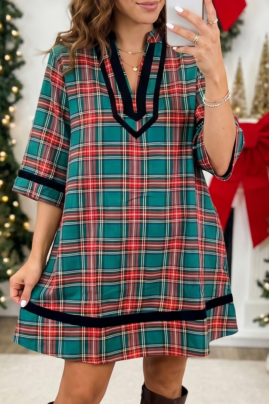Green Plaid Velvet Trim Pockets Short Shift Dress