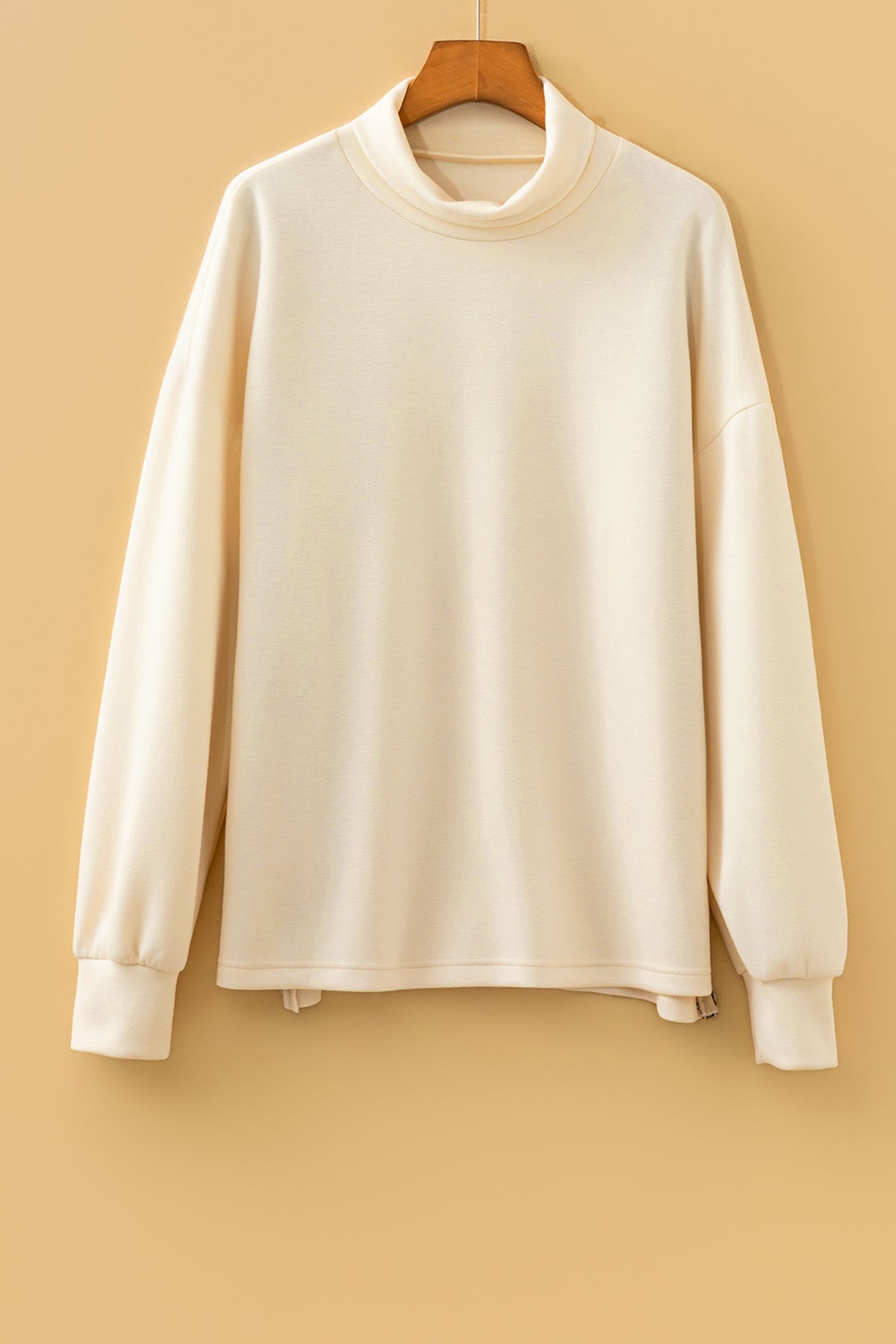 Beige Mock Neck Long Sleeve Leopard Detail Split Hem Top