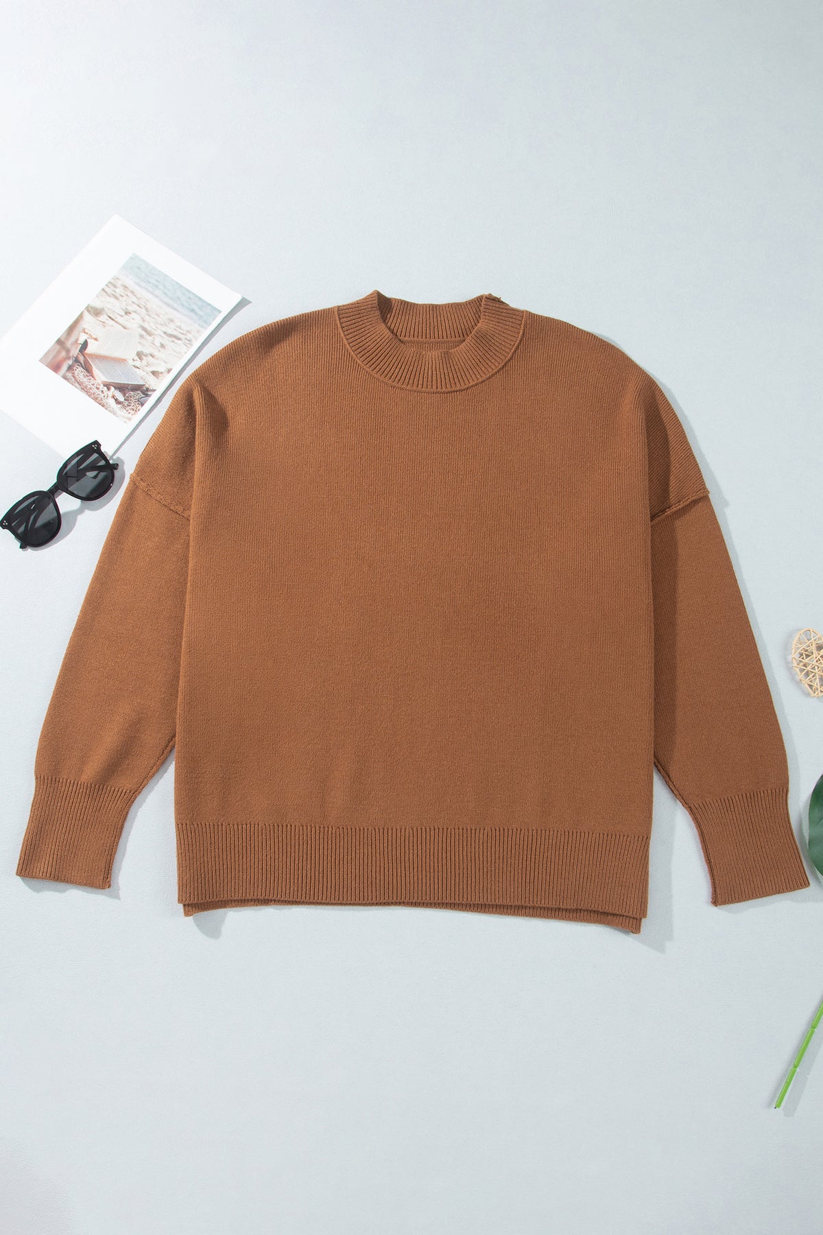 Chestnut Oversized Ribbed Knit Long Sleeve Tunic Plus Size Sweater