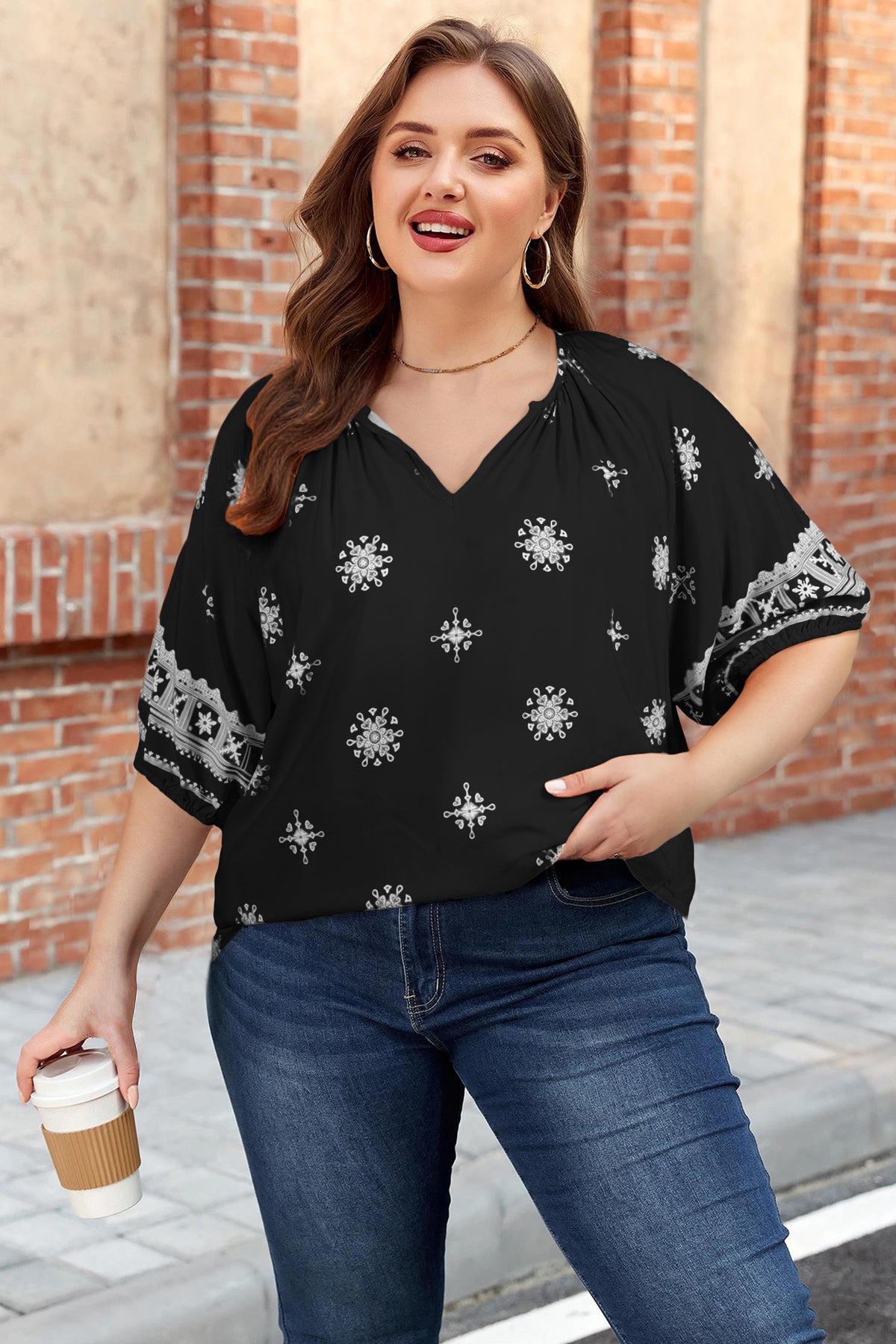 Green Boho Chic Notched V Neck Plus Floral Short Sleeve Top