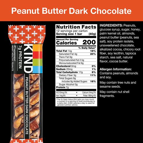 Kind Nut Bars, Peanut Butter Dark Chocolate, Healthy Snacks, Gluten Free, 8G Protein, 12 Count