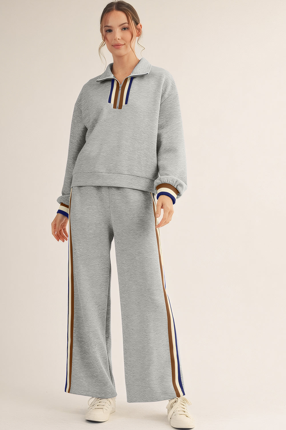 Black Striped Patchwork Quarter Zip Pullover Loose Pant Set