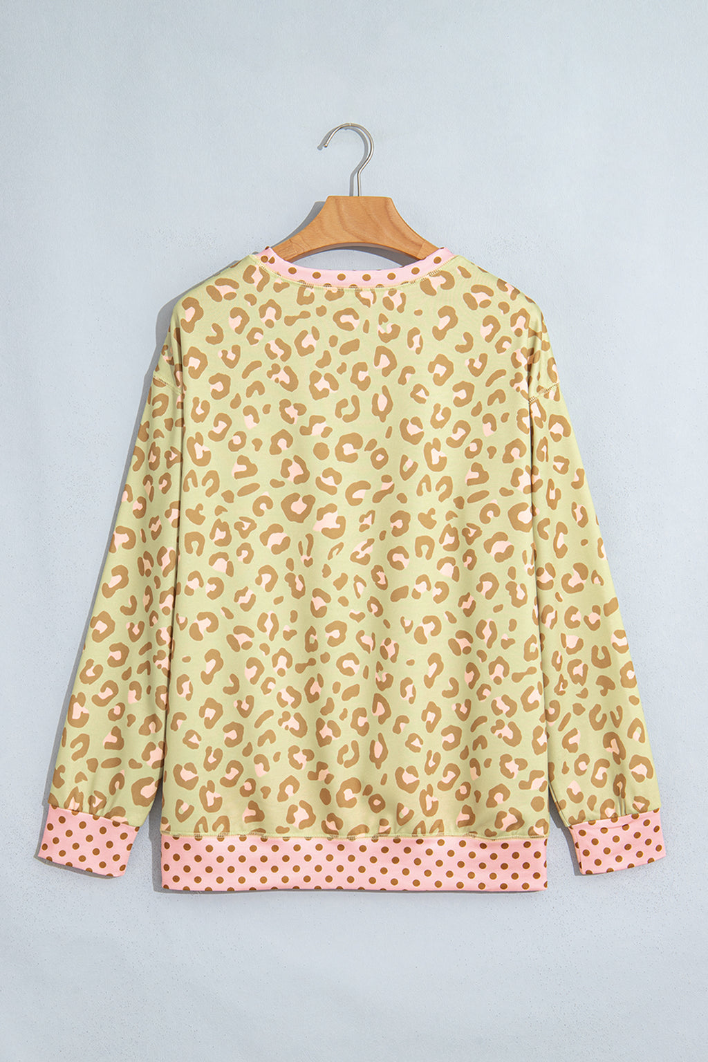Pink Leopard Polka Dot Colorblock Trim Long Sleeve Top