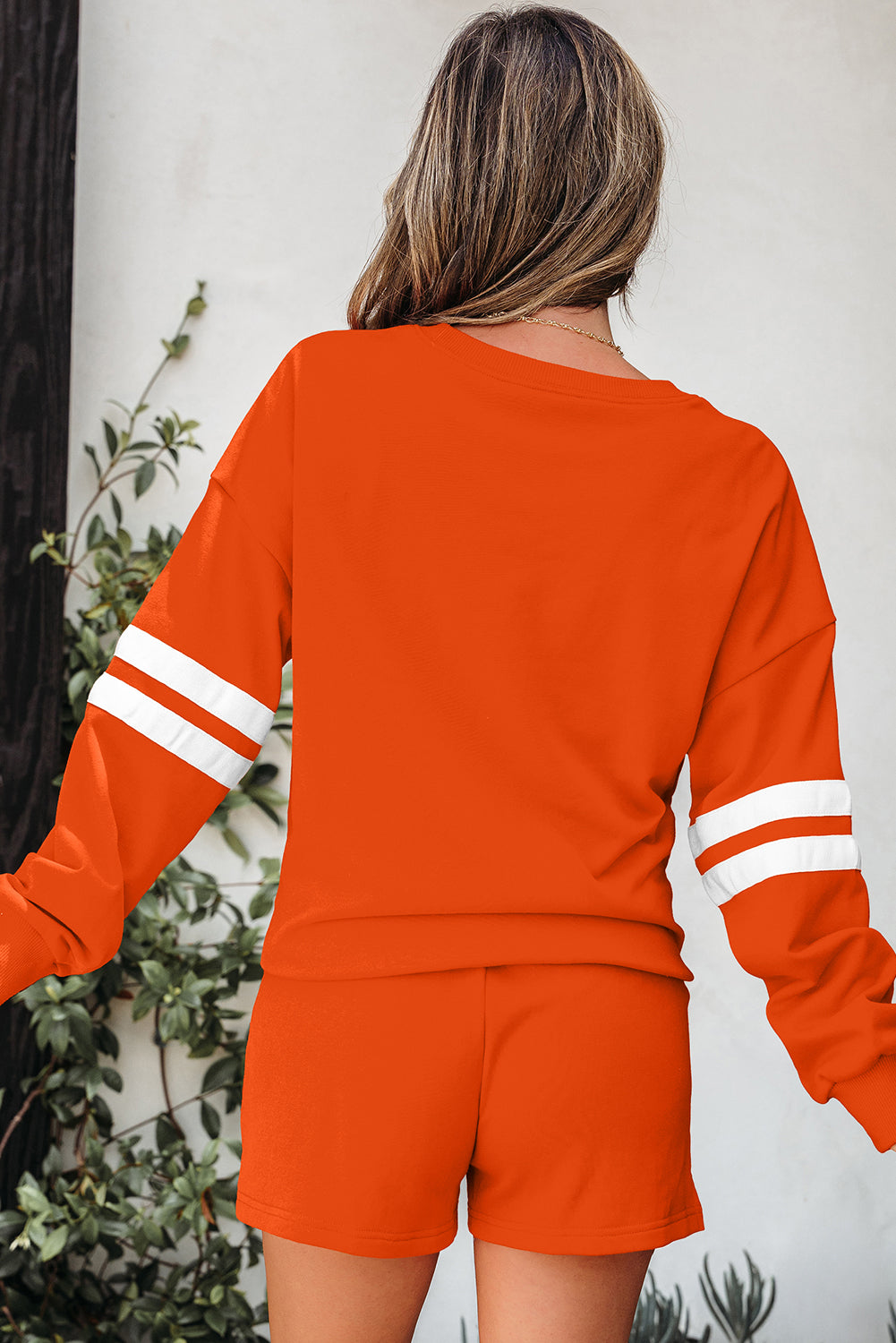 Evergreen Varsity Striped Sleeve Drop Shoulder Sweatshirt and Short Set