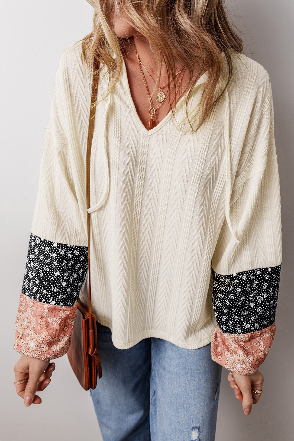 Beige Floral Patchwork Textured Knit Drawstring V Neck Blouse