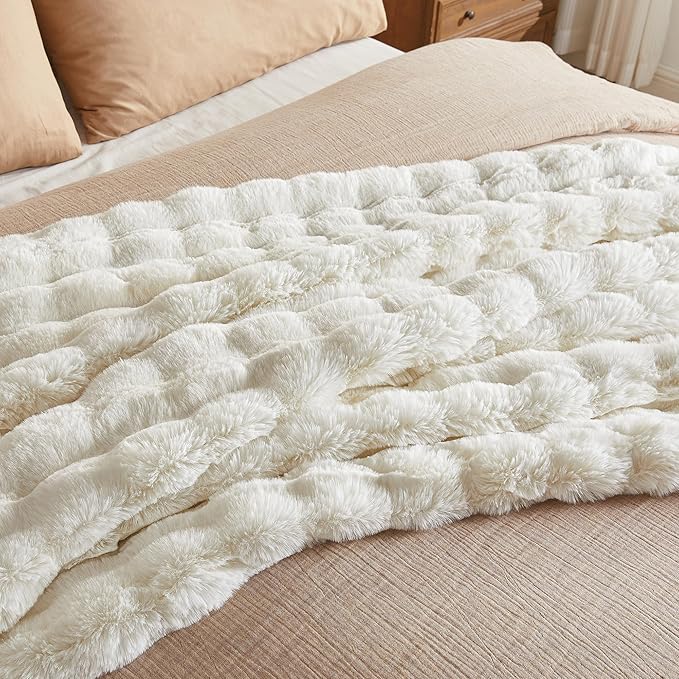 JELLYMONI Faux Fur Throw Blanket, White Fuzzy Cozy Plush Bubble Bed Blanket, Thick and Warm, Queen (90" x 90")
