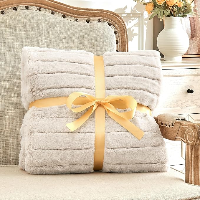 BEDELITE Faux Fur Throw Blanket for Couch, Soft and Cozy 3D Ribbed Fluffy Blanket, Thick Warm Plush Fuzzy Faux Rabbit Fur Blanket for Women Gift (Beige, 60"x 80")