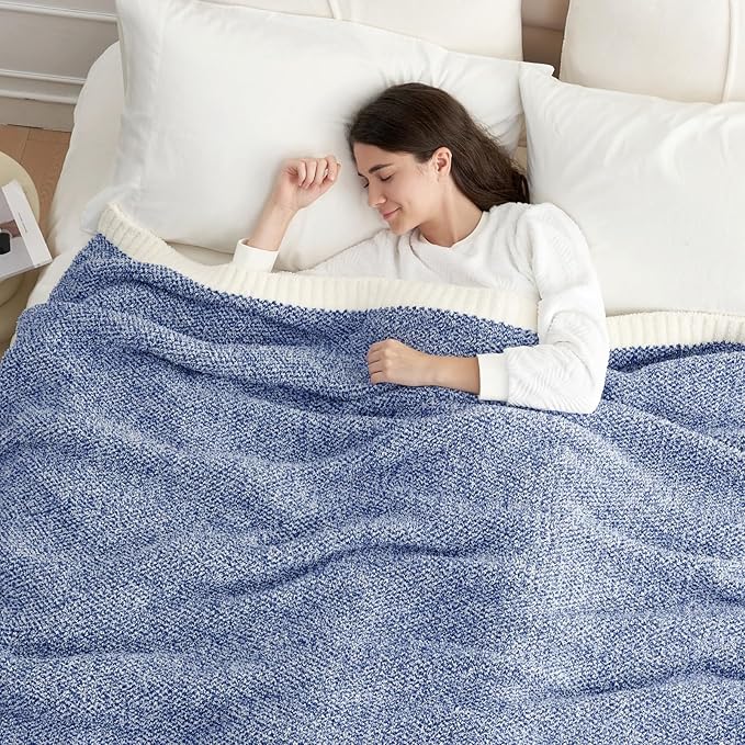 Snuggle Sac Royal Blue Blanket Twin Size for Bed and Sofa, Reversible Super Soft Blankets Warm Cozy Knit Blankets Fuzzy Plush Blankets, Heather Blue, 60x80 inches